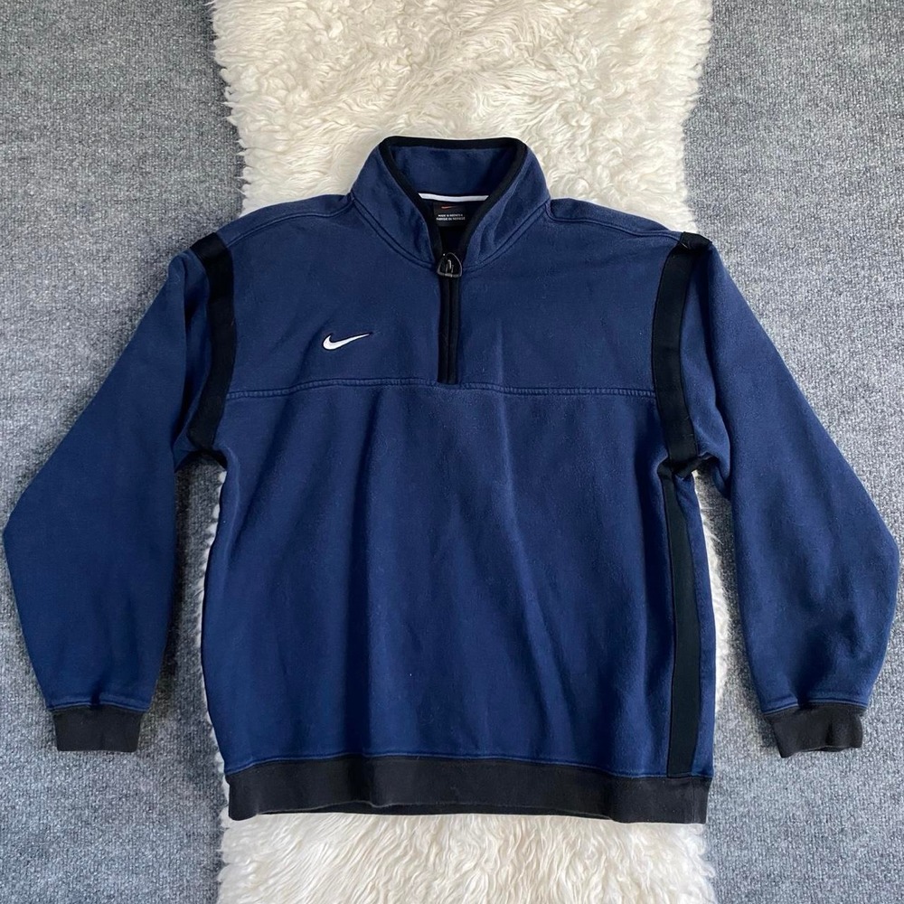 VINTAGE NIKE NAVY BLUE QUARTER ZIP SWEATSHIRT BLACK PANELS Y2K GORPCORE